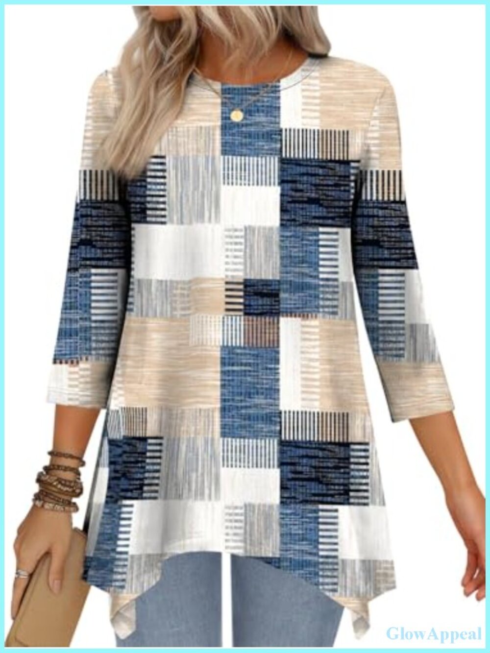 Women's 3/4 Sleeve Tunic Top Asymmetrical Hem Round Neck Blouse